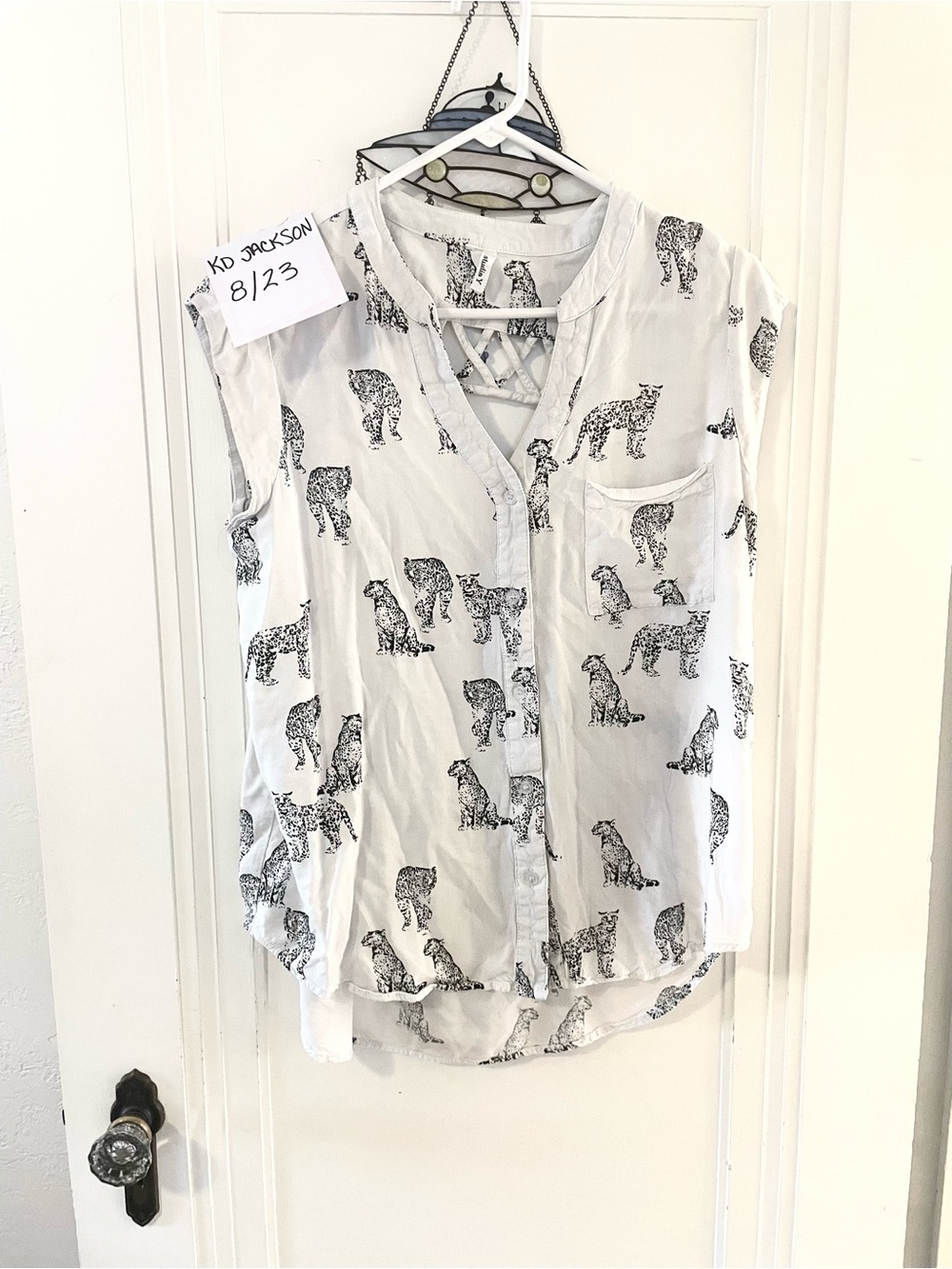 Studio Y White Sleeveless Leopard-Print Button Front Top